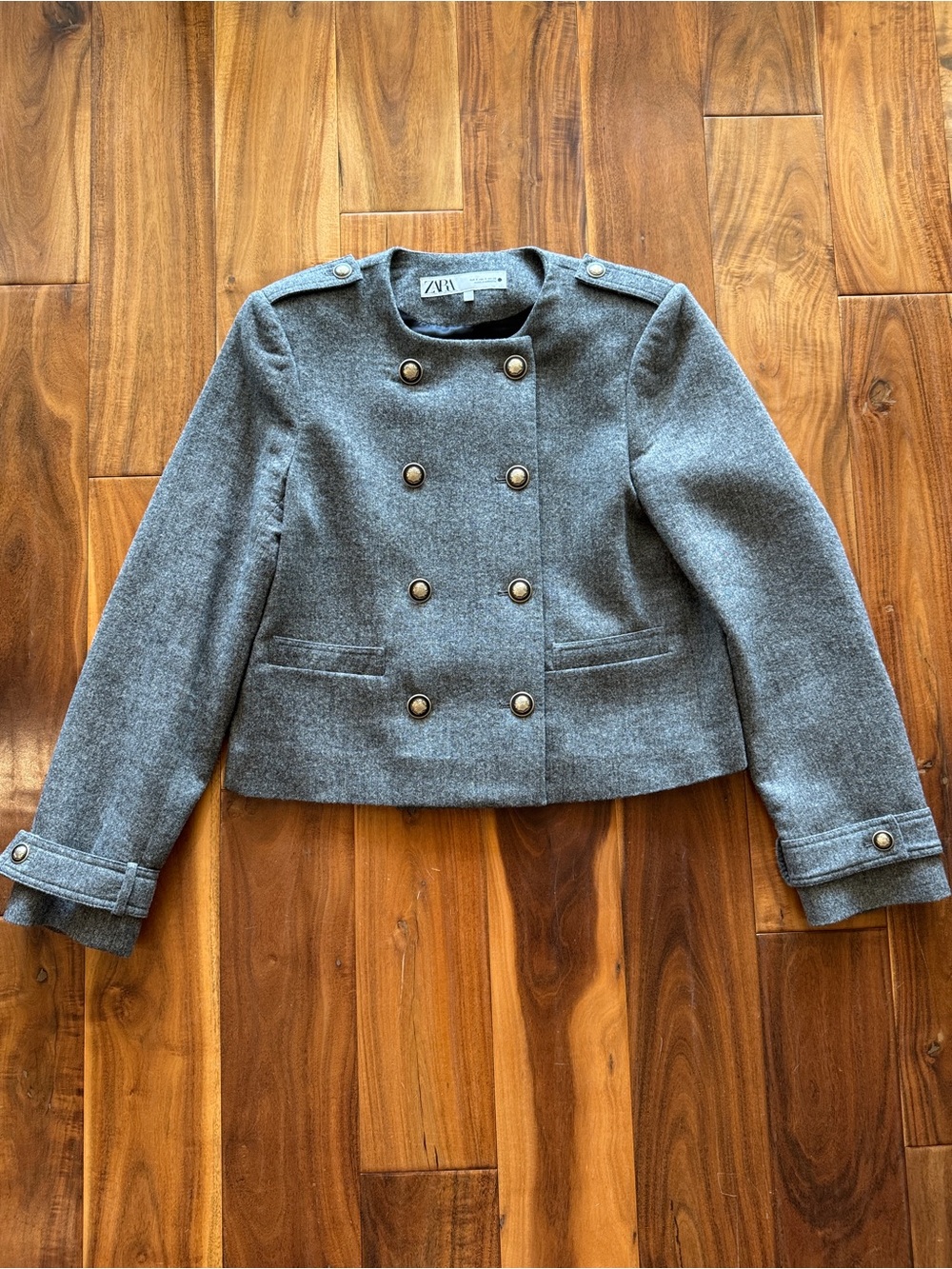 ZARA Gray Double-Breasted Military Pea Coat